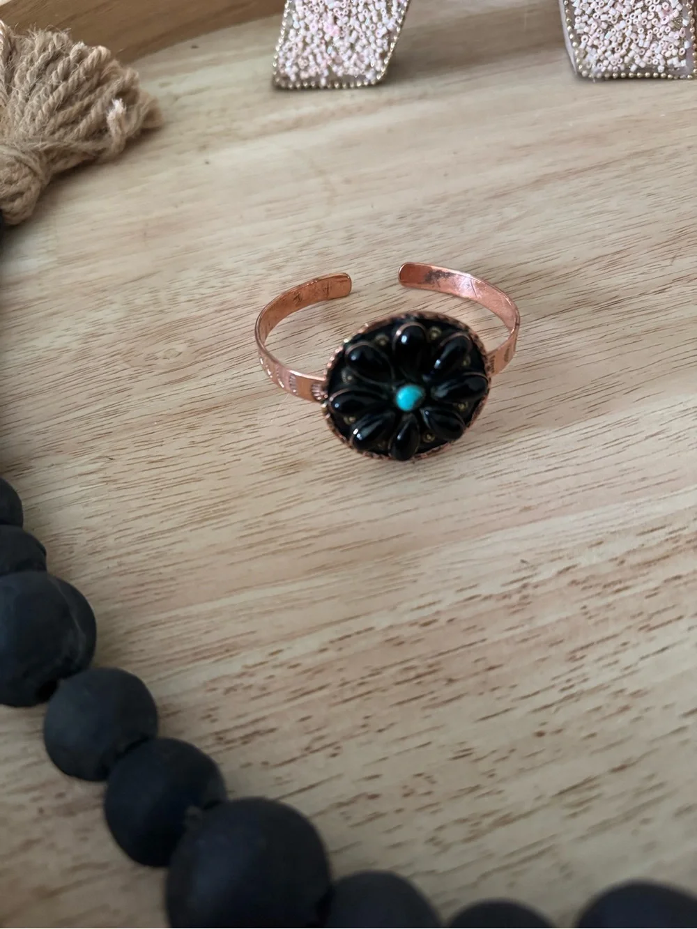 Copper Cuff Bangle with Black Onyx and Turquoise Accents